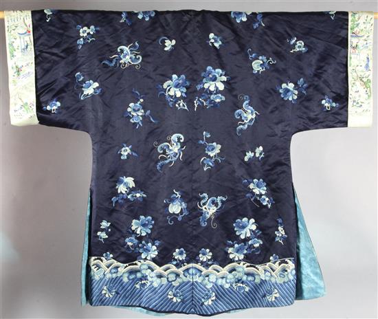 A Chinese midnight blue satin robe, late Qing dynasty,